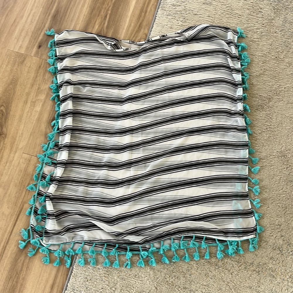 Swim Cover Up Aqua Tassels One Size poncho style